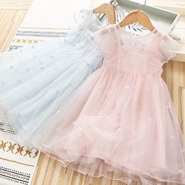 Cute Children Lace Princess Dress Girls New Summer Butterfly Fly Sleeve Party Dress Sweet Kids Ruffle Bow Pleated Dress C6890