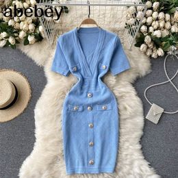 Women Knitted Pencil Dress V Neck Short Sleeve Elastic Slim Sheath Dresses Summer Korean Chic Streetwear Short Dress 220311