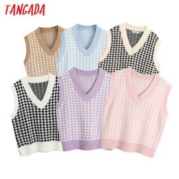 Tangada Women Fashion Khaki Plaid Oversized Knitted Vest Sweater V Neck Sleeveless Loose Female Waistcoat Chic Tops BE121 210609