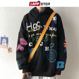 LAPPSTER Men Casual black Korean Sweatshirts Fleece Mens Japanese Streetwear Hooded Hoodie Harajuku Hip Hop Clothing 201020