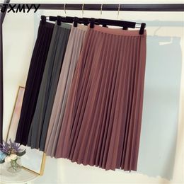 JXMYY Spring Autumn Fashion Women's High Waist Pleated Solid Color Half Length Elastic Skirt Promotions Lady Black Pink 210309