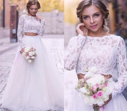 Dresses Lace Sleeves Long Two Piece 2021 Tulle Scalloped Neckline Floor Length Country Beach Wedding Bridal Gown Vestido De Novia