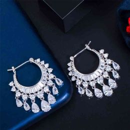 Luxury Shiny White Cubic Zirconia Round Circle Dangling Water Drop Tassel Earrings for Women Wedding Jewellery CZ808 210714