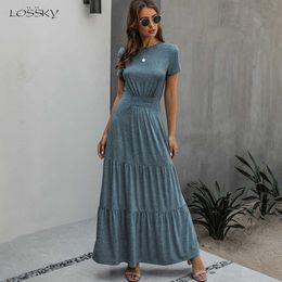 Long Robes T-shirt Dress Women Elegant Ruched A-Line Dresses Casual Ladies Summer Fitted Clothing Maxi Dresses For Women T200518