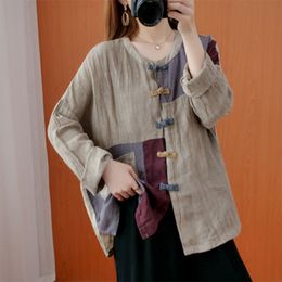 Spring Autumn Arts Style Women Long Sleeve Loose Shirts Vintage Button Patchwork Cotton Linen Blouses Femme Tops M563 42