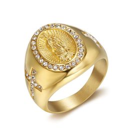 Stainless Steel Cross Casting Finger Ring Hip Hop White Zircon Religious Jewellery Bling 18K Gold Plated