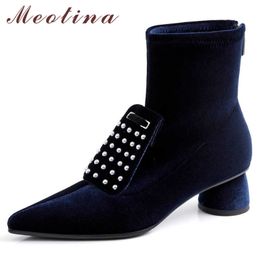 Meotina Autumn Ankle Boots Women Boots Zipper Round High Heels Elastic Boots Metal Decoration Pointed Toe Shoes Lady Size 34-40 210608