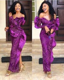 Elegant Purple Mermaid Evening Dresses With Long Sleeve Ankara Lace Asoebi Styles Plus Size African Prom Pageant Gowns Robe De Soiree