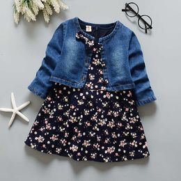 2020 Spring Fall Female Child Denim Coat + Floral Vest Dress 2 Pcs Set Girls Fashion Clothing Suit Baby Kid Clothes Twinset X351 Q0716