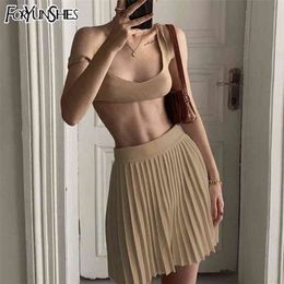 FORYUNSHES 2 Piece Set Knitted Women Ribbed Pleated Mini Skirt Sets Summer Sexy Bodycon Corset Top High Waist Beach Skirts Suit 210730