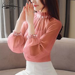 Spring New Chiffon Blouse Long Sleeve Women Tops and Blouses Lace Bottom Female Clothes Beading Women Shirts Clothes Blusas 1807 210225