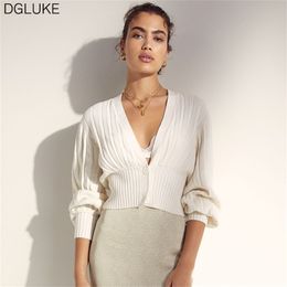 DGLUKE Fashion Knitted Cropped Cardigan Sweater V-Neck Long Sleeve Buttons Jumper Knitwear Spring Autumn Short Jacket Green 210914