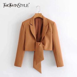 TWOTWINSTYLE Minimalist Black Blazer For Women Notched Long Sleeve Lace Up Straight Blazers Female Spring Fashion Clothing Style X0721