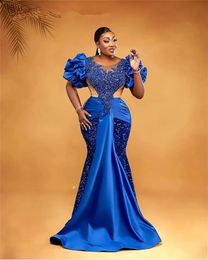 Aso Ebi Arabic Style 2022 Royal Blue Beaded Evening Dresses Sheer Neck Sweep Train Plus Size Formal Prom Party Gowns Robe De Soiree