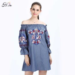 H.SA Women Sexy Embroidery Dress Summer Off the Shoulder Sexy Party Vestidos Robe Mujer Vintage Embroidered Shirt Dress 210716