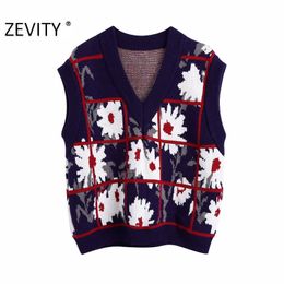 Zevity Women Vintage V Neck Floral Print Plaid Casual Knitting Vest Sweater Lady Chic Waistcoat Pullovers Retro Jumper Tops S468 210218