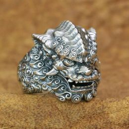 Cluster Rings 925 Sterling Silver Chinese Style Lion Ring Mens Biker Punk TA210 US Size 7~15