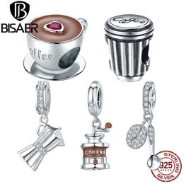 2020 new BISAER 925 Sterling silver Coffee bean set beads charms silver 925 original clear cubic zircon Jewellery making EFC171 Q0531