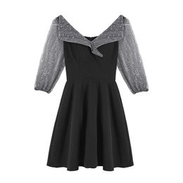 PERHAPS U Korean Black Sash Patchwork Sash 3/4 Sleeve Turn Down Collar Dress Summer Elegant Office Lady D1798 210529