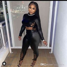 Women Two Piece Pants Set Sexy Bandage PU Tracksuits New High Neck Crop Top Slim Leggings Designers Clothes 2022