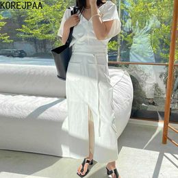 Korejpaa Women Sets Summer Korean Simple V-Neck Loose Solid Color Short-Sleeved Shirt High-Waisted Double-Pocket Slit Skirt 210526