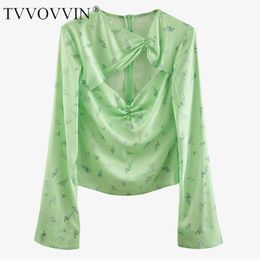 famous New Sexy Chest Hollow Twisted Pleated Floral Print Green Flared Sleeve Top Pullover Womens Casual B723 210306