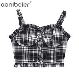 Black White Plaid Camisole Corset Bustier Summer Fashion Buckle Straps Eyelet Lace-Up Ruffle Cami Crop Tops 210604