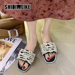 Slippers Summer Women Pearl Decoration Sandals Casual Flat Solid Color Outside Wearing Female Shoes 2021 Vc004