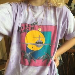 kuakuayu HJN Party All Night Flight 88 T-Shirt Women Grunge Retro Style Tee 90s Fashion Tops Purple White 210315
