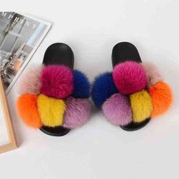 NXY Slippers Little girl fur slippers and stylish ball slide 220127
