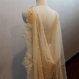 Wraps & Jackets Wedding Bolero Lace Applique Cape Pearl Long Tailing Champagne Colors Cloak Handmade For Elegant Bridal White Formal Shawl 2