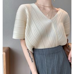 Miyake pleated aesthetic Korea shirt trendy clothes for women summer V-neck chiffon plus size shirt half batwing sleeve top 210306