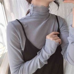 Wooden Ear Turtleneck Mesh Elastic Slimming Bottoming Shirt Top Women's Autumn Korean-Style Chic Heap Collar 210529