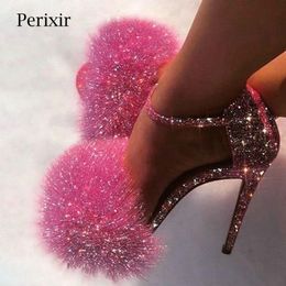 Perixir Fashion Glitter Heels Designers Summer Shoes Women Stiletto Sandalen Open Toe Fluff Strappy Thin High Fur Sandals 0227