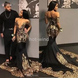 2022 Sexy African Black Prom Dresses With Gold Appliques Sequins V Neck Short Sleeve Mermaid Party Dress Court Train Evening Gowns EE