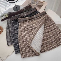 Korean Office Women Mini Skirt Ladies Winter Autumn Fashion Harajuku High Waist Slim A-Line Belt Plaid Skirt Streetwear 211120