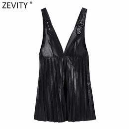 Zevity Women Vintage Deep V Neck Faux Leather Pleated Vest Skirt Adjustable Straps Casual Mini Dress Chic Vestido Mujer DS4838 210603