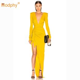 Spring Elegant Irregular Long Dress Yellow Women's Sleeve Bodycon Draped Fashion Celebrity Evening Party Vestidos 210527