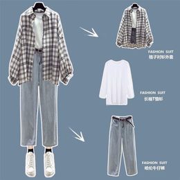 Spring Fashion Suit Women Preppy Student Korean Loose Plaid Shirt Jacket + T-shirt Jeans Three-piece Set Trend Streetwear 220315