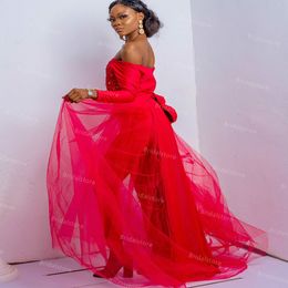 Chic Red African Black Girls Prom Dresses With Pant Suit Boat Neck Long Sleeve Overskirt Prom Gowns Satin Lace Formal Evening Dress 2021