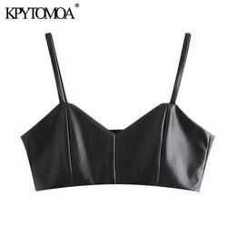 KPYTOMOA Women 2021 Sexy Fashion Faux Leather Cropped Tank Top Vintage V Neck Side Zipper Wide Straps Female Camis Chic Tops 210306