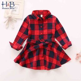 Girls Spring Dress European And American Lapel Buttons Fashion Baby Kids Plaid Long Sleeves Children'S Clothing 210611