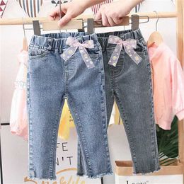 Blue bow fashion Girls casual jeans children pants spring autumn baby kids girls trousers P2030 211102