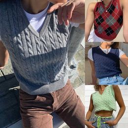 V Neck Vintage Sweater Vest Women Y2K Black Sleeveless Plaid Knitted Crop Sweaters Casual Autumn Preppy Style 2021 Y0825