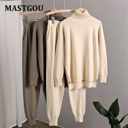 MASTGOU Two Piece Set Women Tracksuits Winter Thick Warm Women Turtleneck Sweaters Harem Knitted Jogging Pants Suits Outfits 211116