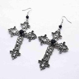 Goth Large Detailed Cross Black Drill Jewel Earrings Silver Colour Gothic Punk Fashion Gorgeous Statement Women Gift G220312