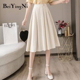 Beiyingni Elegant Pleated Women Skirt Midi Solid Colour Work Wear Vintage Fashion High Waist Skirts Casual Black Jupe Femme 210309