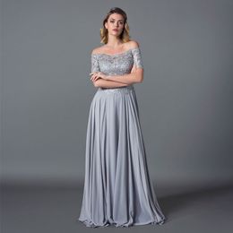 Light Gray Lace Mother Of The Bride Dresses Off Shoulder Neck Short Sleeves Wedding Guest Dress A Line Floor Length Chiffon Evening Gowns