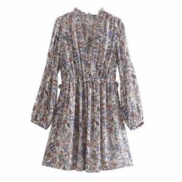 Women Dress Paisley Print Ruffled V-neckline Long Sleeves Elastic Waist Mini Dress Femme Robe Ropa Mujer Vestidos 210709