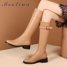 Meotina Women Riding Boots Shoes Genuine Leather Chunky Heels Knee High Boots Zip Buckle Ladies Long Boots Winter Apricot 33-45 210608